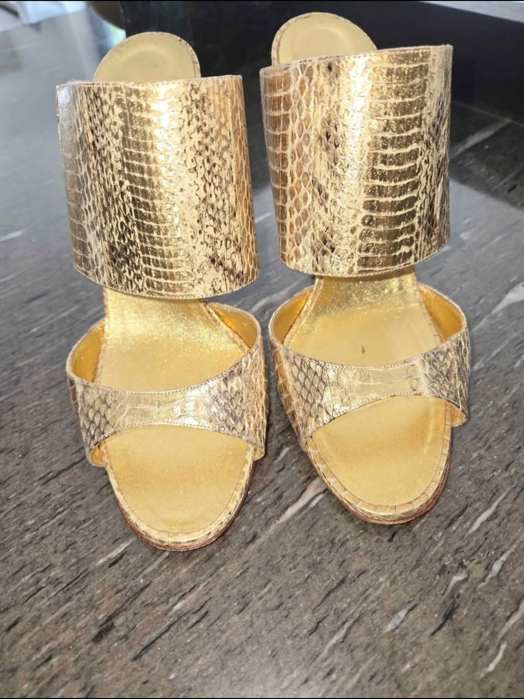 Manolo Blahnik Gold Snake-Embossed Wide-Cuff Slide Heels- Size 40.5